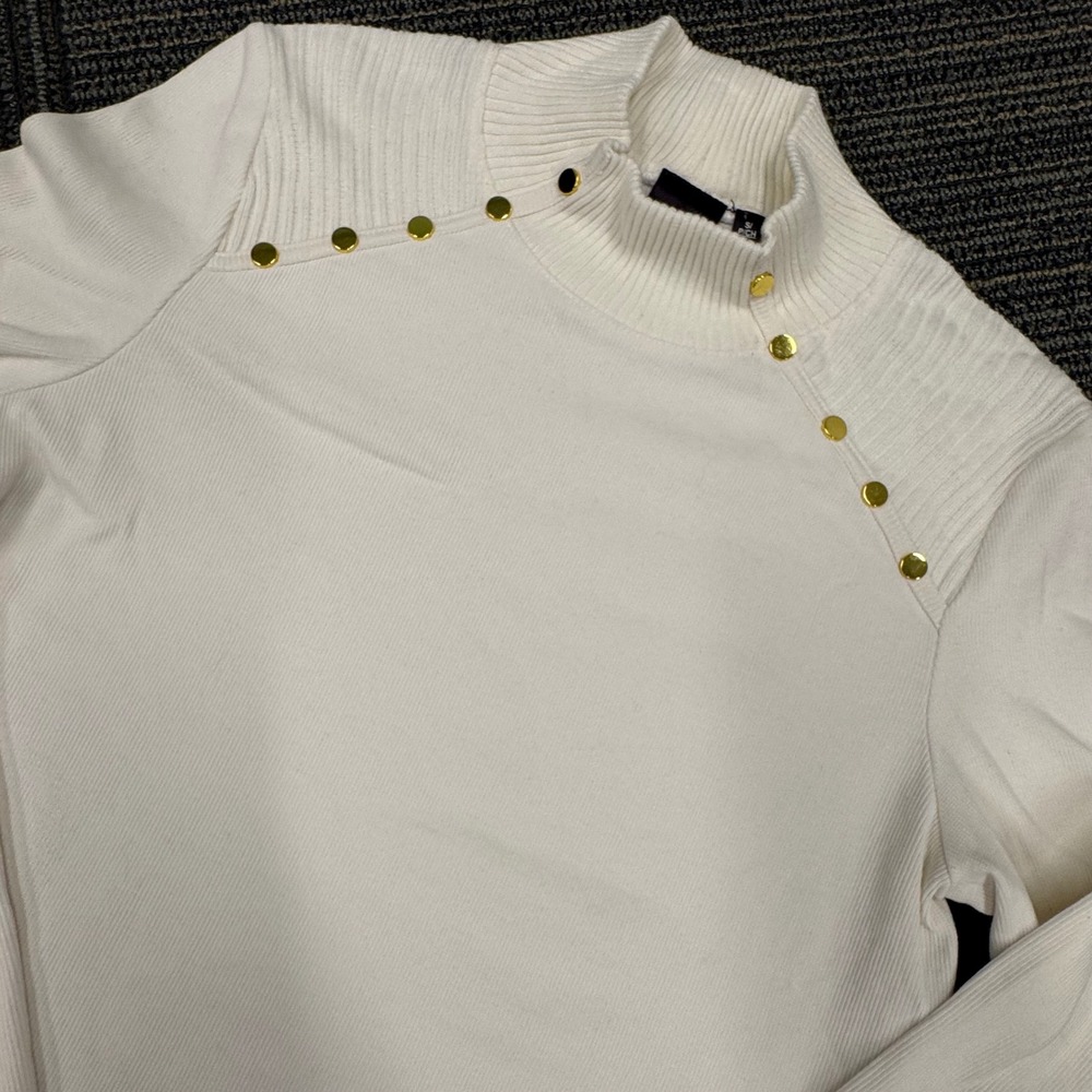 Rafaella Women's Mock Neck Long Sleeve Top Tunic Gold Button Ribbed Cream S